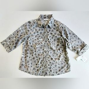 NWT Womens 1X Breckenridge Exotic Escape Natural Animal 3/4 Sleeve Button Down